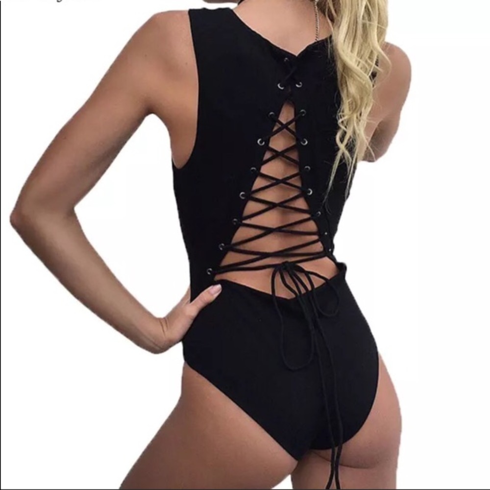 Backless Tie Back Snap Buttons Lace Up Bodysuit